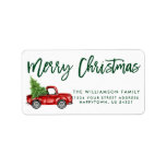 Green Brush Script Vintage Truck Christmas Label<br><div class="desc">Brush Script Watercolor Vintage Red Truck with Christmas Tree - Merry Christmas Family Return Address Label</div>
