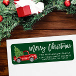 Green Brush Script Vintage Truck Christmas Label<br><div class="desc">Brush Script Watercolor Vintage Red Truck with Christmas Tree - Merry Christmas Family Return Address Label</div>