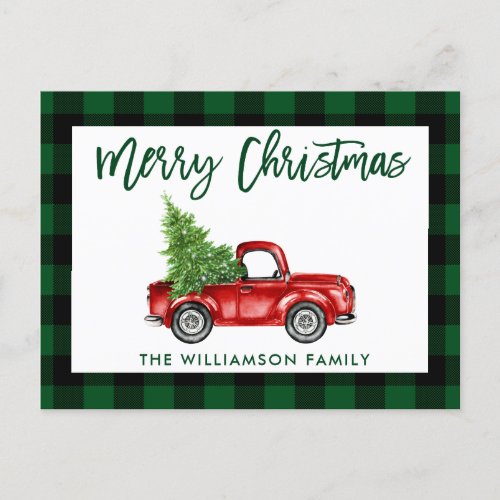 Green Brush Script Vintage Truck Christmas Plaid Postcard