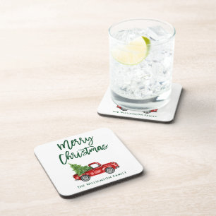 Green Brush Script Vintage Truck Christmas Tree Beverage Coaster