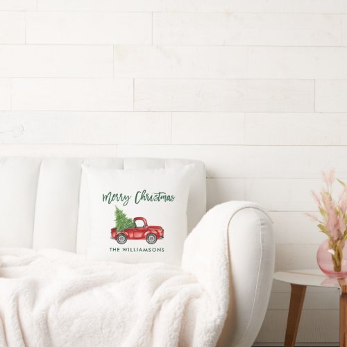 Green Brush Script Vintage Truck Christmas Tree Throw Pillow