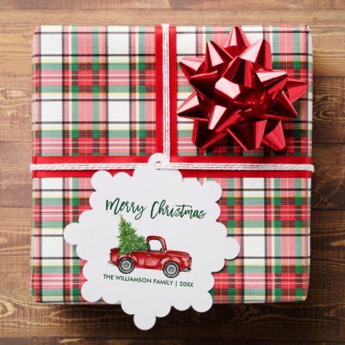 Green Brush Script Watercolor Vintage Red Truck Ornament Card