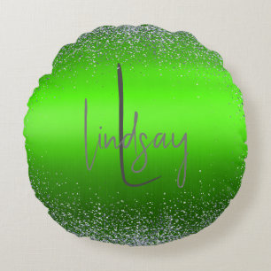 Green Brushed Metal Glitter Monogram Simple Round Pillow