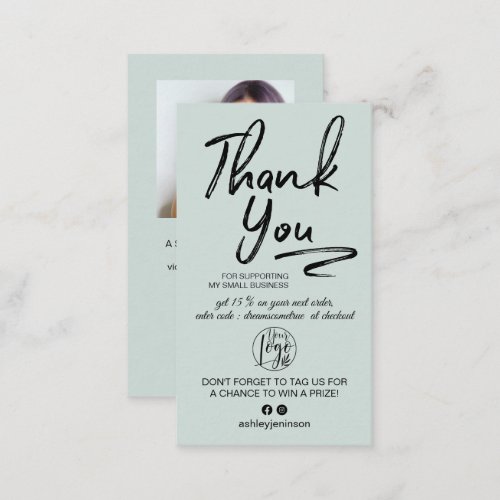 Green brushed script photo logo order thank you business card
