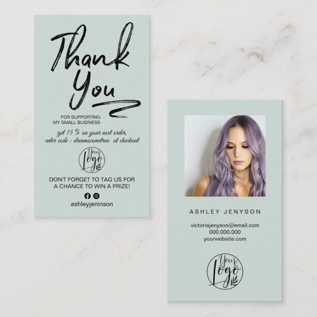Green brushed script photo logo order thank you business card (Front/Back)