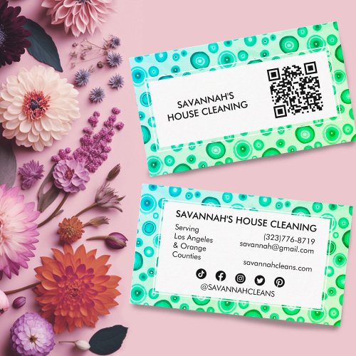 Green Bubbles Minimal House Cleaning Janitorial QR Business Card