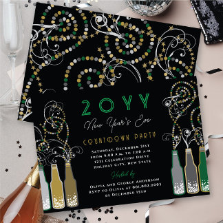 Green Bubbly Bottles Swirls New Year's Eve Party Invitation