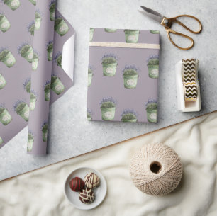 Green Bucket Lavender Flowers Birthday Wrapping Paper