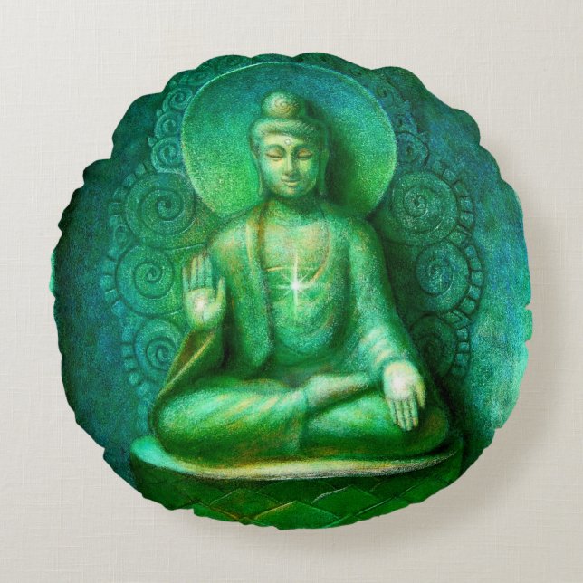 Green Buddha Zen Meditation Round Pillow (Front)