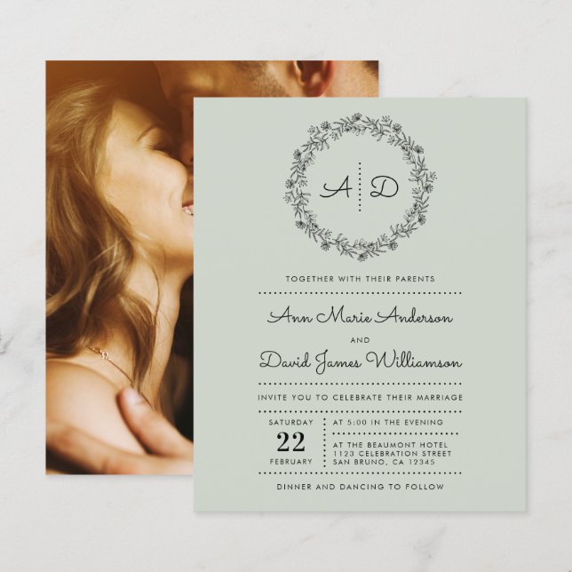 Green | Budget Country Floral Wreath Wedding Photo (Front/Back)
