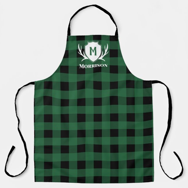 Green Buffalo Check Antler Shield Rustic Monogram Apron (Front)