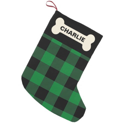 Green Buffalo Check Dog Bone Rustic Custom Name Small Christmas Stocking