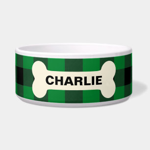 Green Buffalo Check Dog Bone Rustic Pet Name Bowl