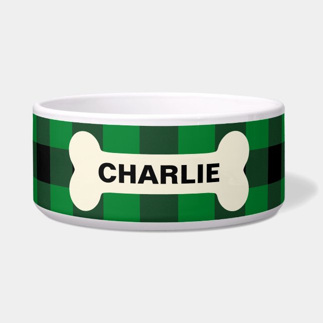 Green Buffalo Check Dog Bone Rustic Pet Name Bowl (Front)