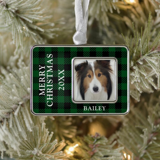 Green Buffalo Check Dog Photo Personalized Christmas Ornament (Tree)