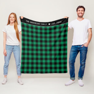 Green Buffalo Check Family Name Monogram Fleece Blanket
