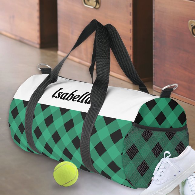 Green Buffalo Check Pattern Personalized Duffle Bag (A stylish duffel bag with green buffalo plaid pattern, personalized with a name in modern typography)