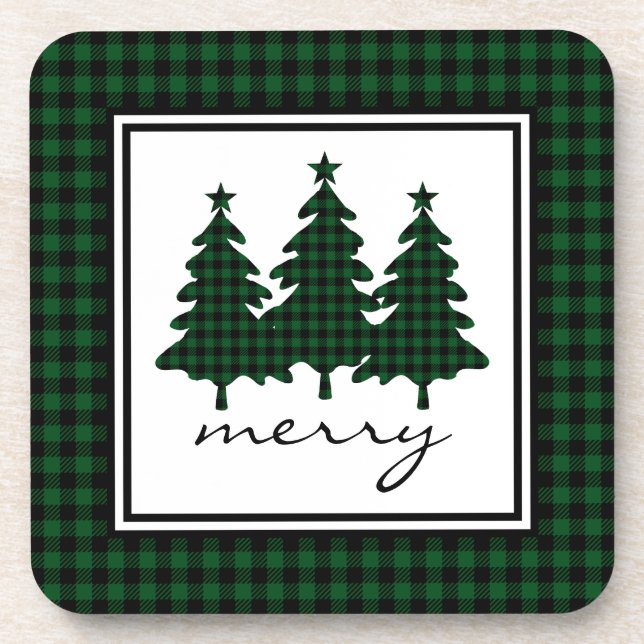 Green Buffalo Check Pine Trees Beverage Coaster (Front)