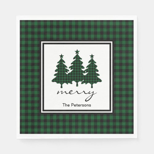 Green Buffalo Check Pine Trees Personalized Napkins