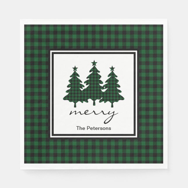 Green Buffalo Check Pine Trees Personalized Napkins (Front)