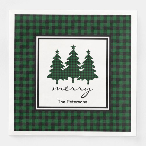 Green Buffalo Check Pine Trees Personalized Paper Dinner Napkins