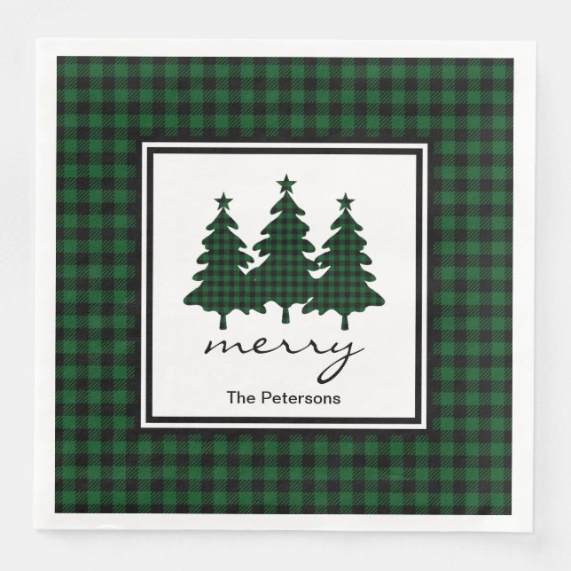 Green Buffalo Check Pine Trees Personalized Paper Dinner Napkins (Front)