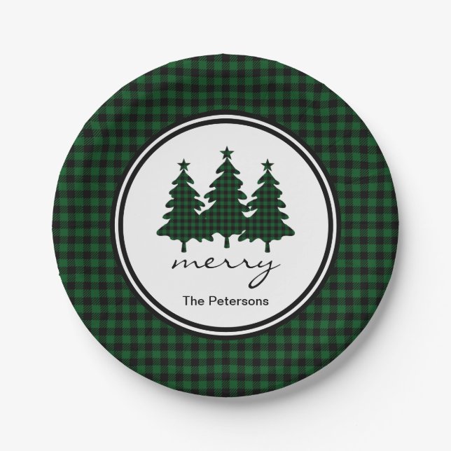 Green Buffalo Check Pine Trees Personalized Paper  Paper Plates (Front)