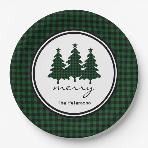 Green Buffalo Check Pine Trees Personalized Paper Plates