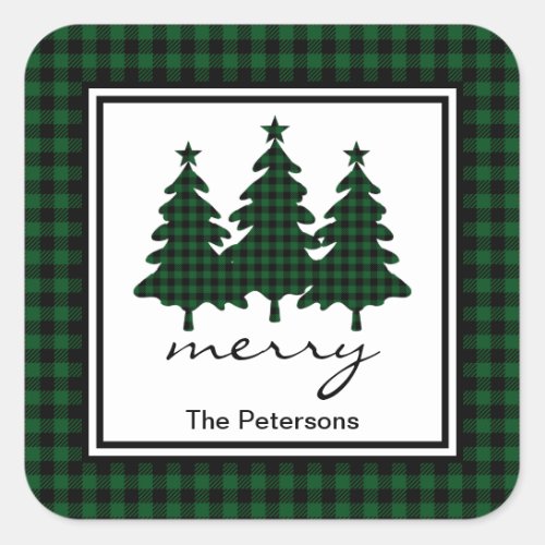 Green Buffalo Check Pine Trees Personalized Square Sticker