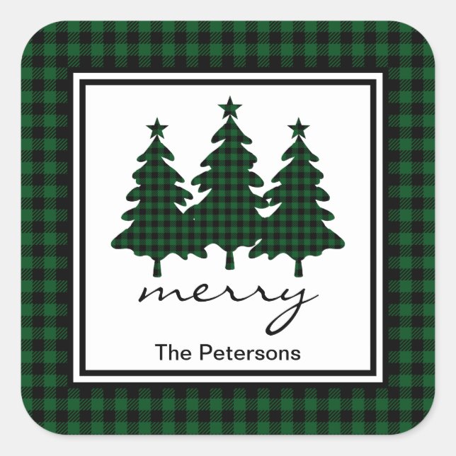 Green Buffalo Check Pine Trees Personalized Square Sticker (Front)