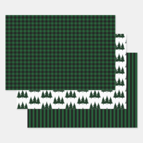 Green Buffalo Check Pine Trees Stripes Christmas Wrapping Paper Sheets