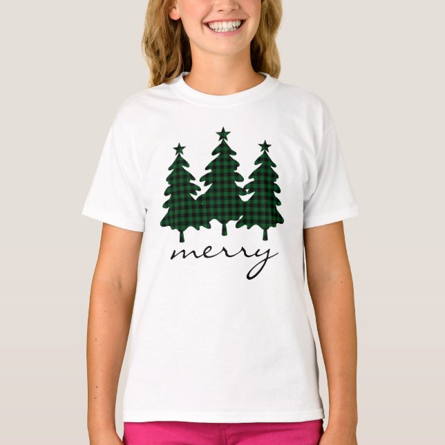 Green Buffalo Check Pine Trees T-Shirt (Front)