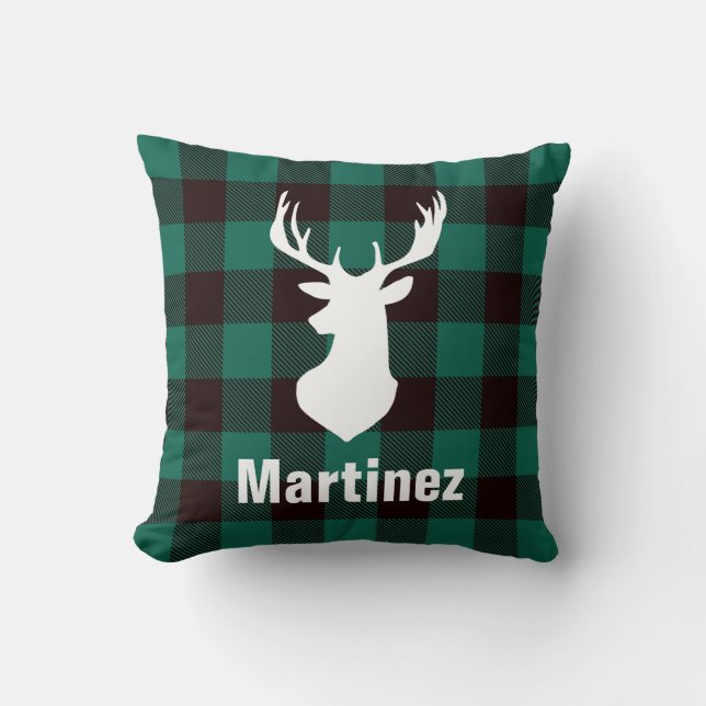 Green Buffalo Check Plaid Deer Head Family Throw Pillow (Front)