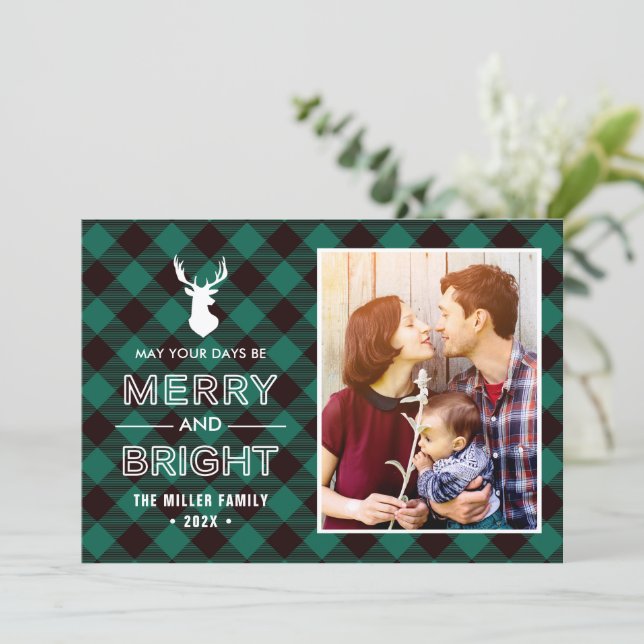 Green Buffalo Check Plaid Merry and Bright Photo Holiday Card (Standing Front)