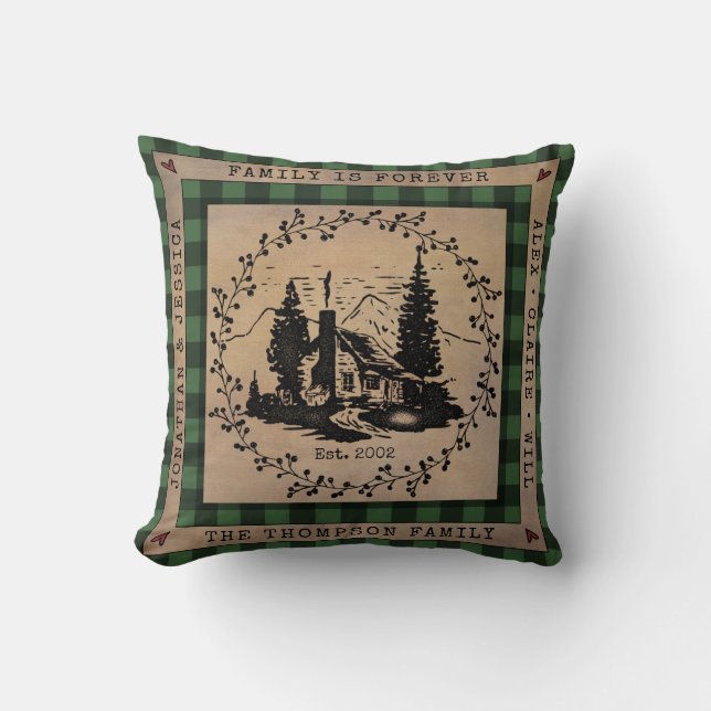Green Buffalo Check Rustic Cabin Personalized Throw Pillow (Front)
