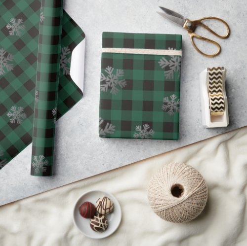 Green Buffalo Plaid and Glitter Snowflakes Wrapping Paper