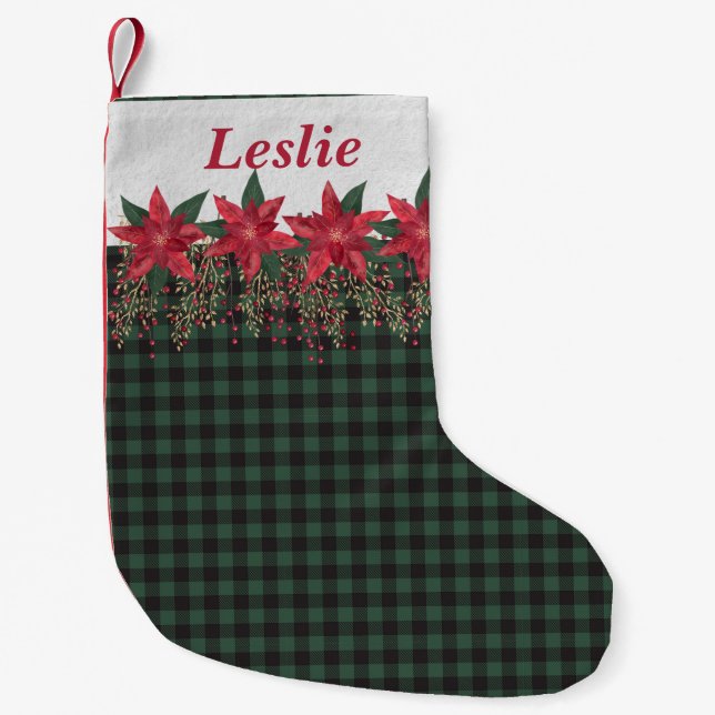 Green Buffalo Plaid And Poinsettias Personalized Small Christmas Stocking (Front)