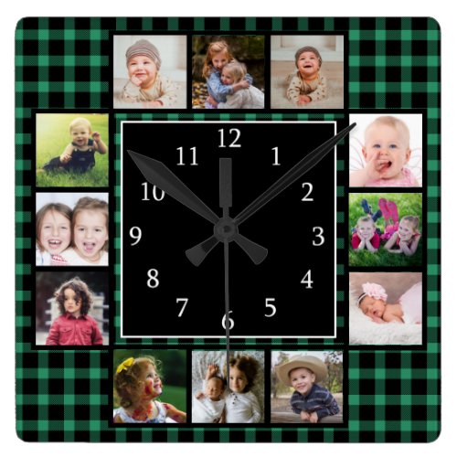 Green Buffalo Plaid Create Your Own  Photo Collage Square Wall Clock