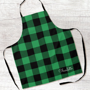 Green Buffalo Plaid Custom Name Rustic Christmas Apron