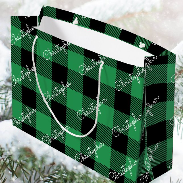 Green Buffalo Plaid Custom Name Rustic Christmas Large Gift Bag (Creator Uploaded)