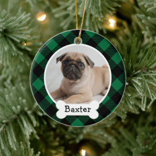 Green Buffalo Plaid Custom Pet Puppy Dog Photo Ceramic Ornament