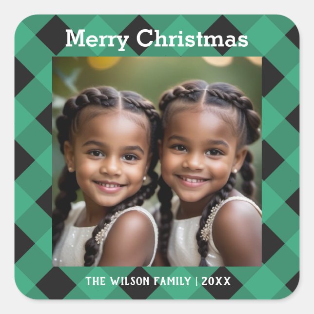 Green Buffalo Plaid Custom Photo Christmas Square Sticker (Front)