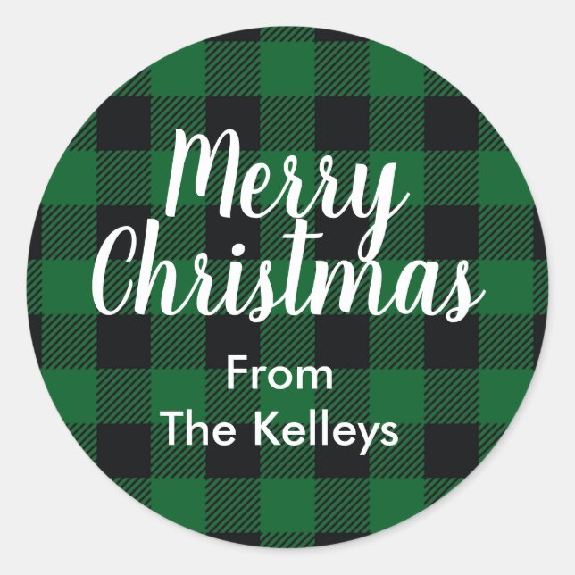 Green Buffalo Plaid Custom Text Classic Round Sticker (Front)