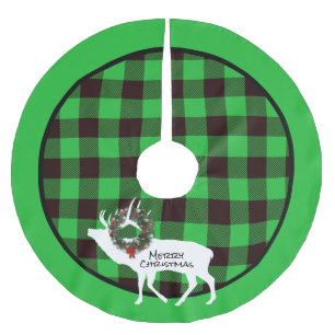 Green Buffalo Plaid Elk Silhouette Wreath Custom Brushed Polyester Tree Skirt