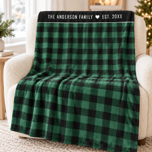 Green Buffalo Plaid Family Name Monogram Fleece Blanket