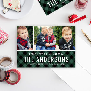 Green Buffalo Plaid Family Name Photo Collage Holiday Card