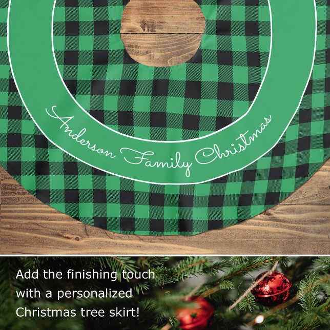 Green Buffalo Plaid Family Name Rustic Christmas Brushed Polyester Tree Skirt (Creator Uploaded)