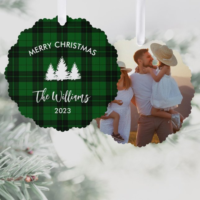 Green Buffalo Plaid Family Photo Ornament Card (Creator Uploaded)