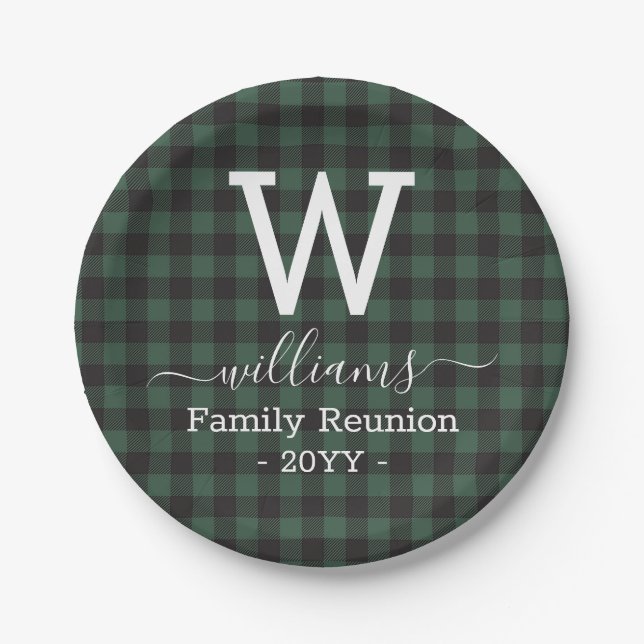 Green Buffalo Plaid Family Reunion Monogrammed Paper Plates (Front)
