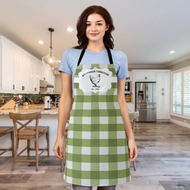 Green Buffalo Plaid Farm Chicken Apron (Green Buffalo Plaid Farm Chicken Personalized Apron)